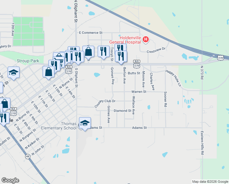 map of restaurants, bars, coffee shops, grocery stores, and more near 115 Warren Street in Holdenville
