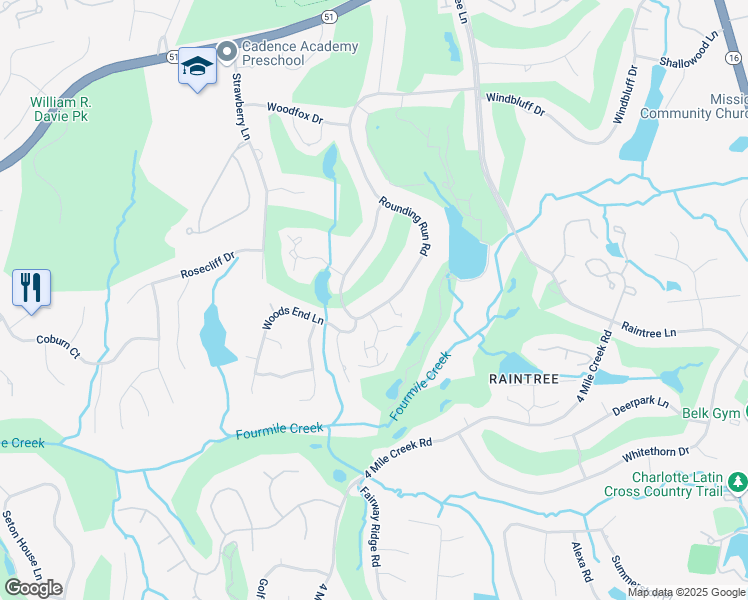 map of restaurants, bars, coffee shops, grocery stores, and more near 4800 Rounding Run Road in Charlotte