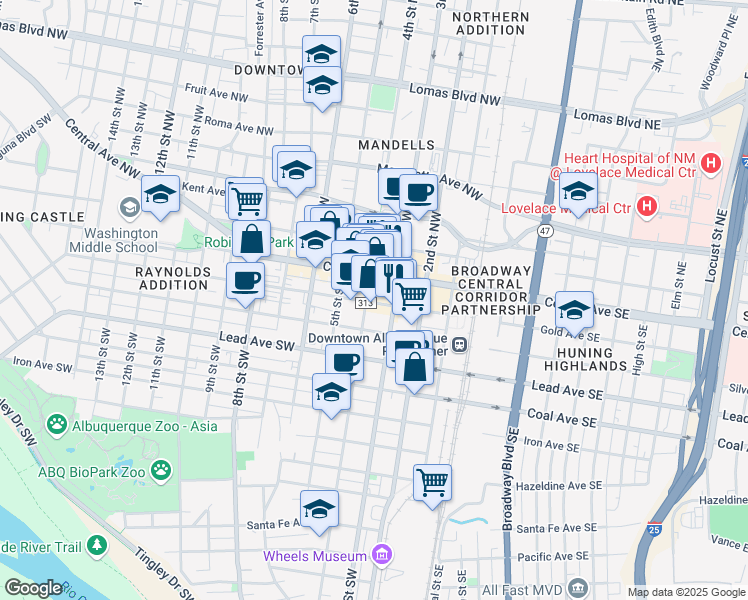 map of restaurants, bars, coffee shops, grocery stores, and more near 317 Gold Avenue Southwest in Albuquerque