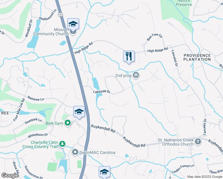 map of restaurants, bars, coffee shops, grocery stores, and more near 9141 Alpine Circle in Charlotte