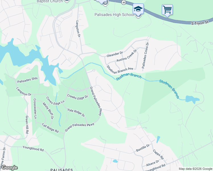 map of restaurants, bars, coffee shops, grocery stores, and more near 18423 Studman Branch Avenue in Charlotte