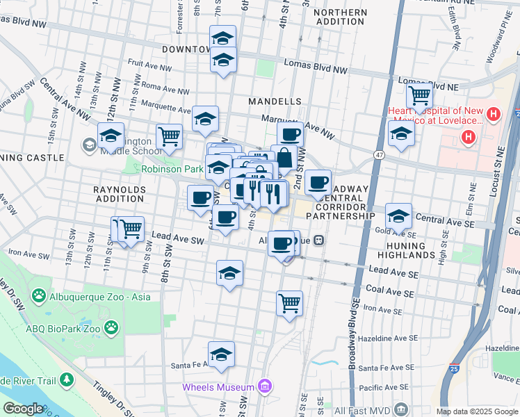 map of restaurants, bars, coffee shops, grocery stores, and more near 317 Gold Avenue Southwest in Albuquerque