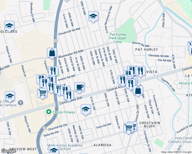 map of restaurants, bars, coffee shops, grocery stores, and more near 5909 Berquist Pl NW in Albuquerque