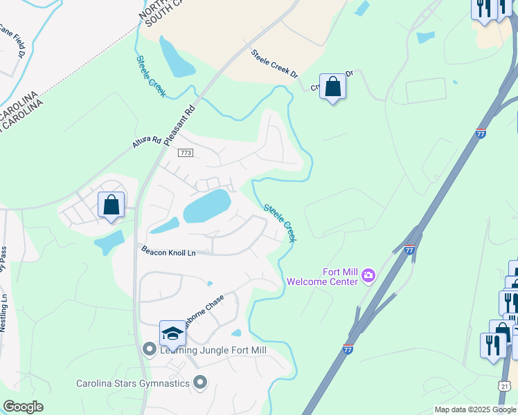 map of restaurants, bars, coffee shops, grocery stores, and more near 684 Beacon Knoll Lane in Fort Mill