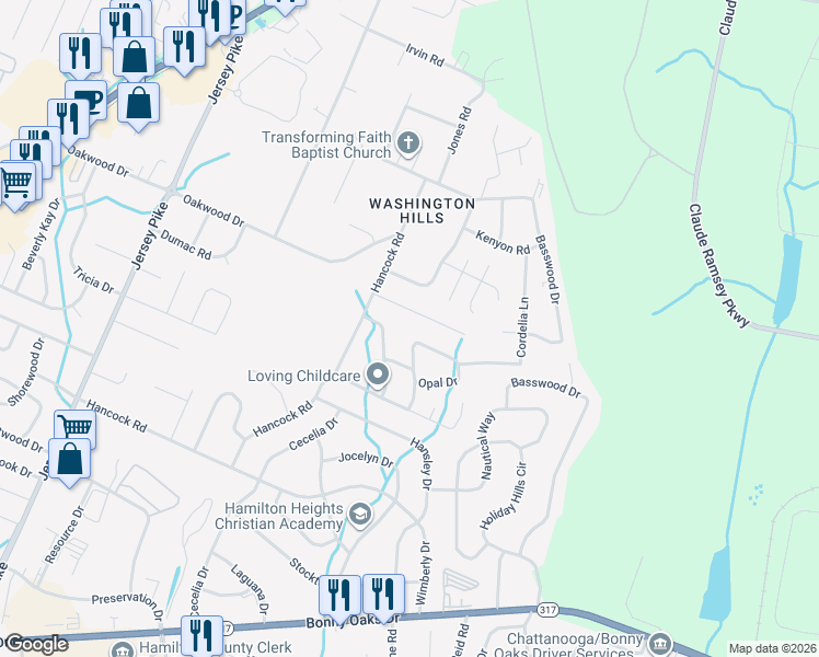 map of restaurants, bars, coffee shops, grocery stores, and more near 7825 Opal Dr in Chattanooga