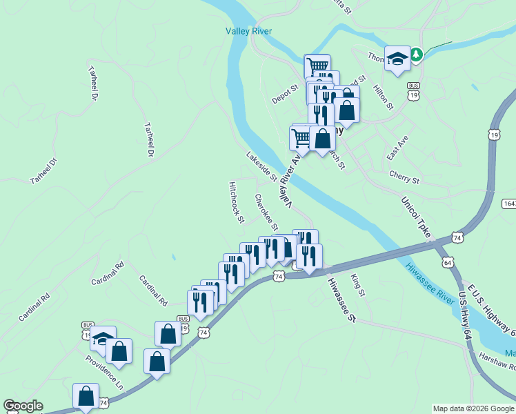 map of restaurants, bars, coffee shops, grocery stores, and more near 82 Cherokee Street in Murphy