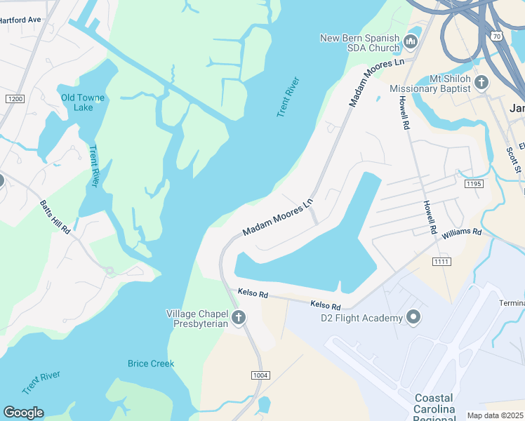 map of restaurants, bars, coffee shops, grocery stores, and more near 612 Madam Moores Lane in New Bern