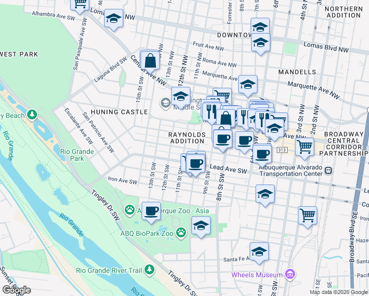 map of restaurants, bars, coffee shops, grocery stores, and more near Silver Ave SW & 11th St SW in Albuquerque
