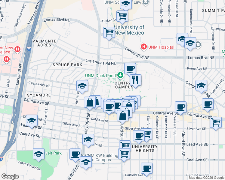 map of restaurants, bars, coffee shops, grocery stores, and more near 300 Terrace Street Northeast in Albuquerque