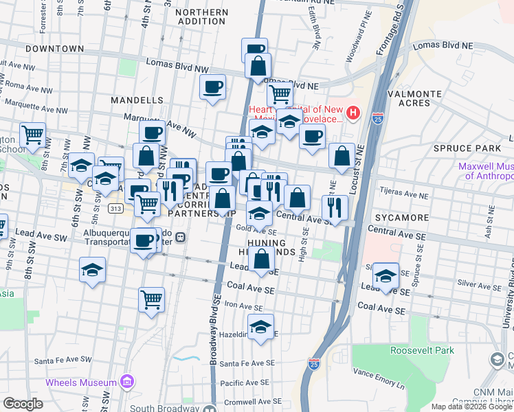 map of restaurants, bars, coffee shops, grocery stores, and more near in Albuquerque