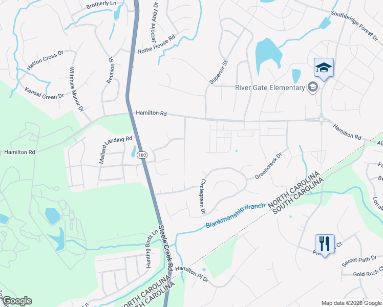 map of restaurants, bars, coffee shops, grocery stores, and more near 15733 S J Lawrence Rd in Charlotte