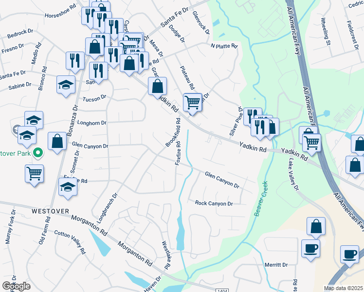 map of restaurants, bars, coffee shops, grocery stores, and more near 5308 Foxfire Road in Fayetteville