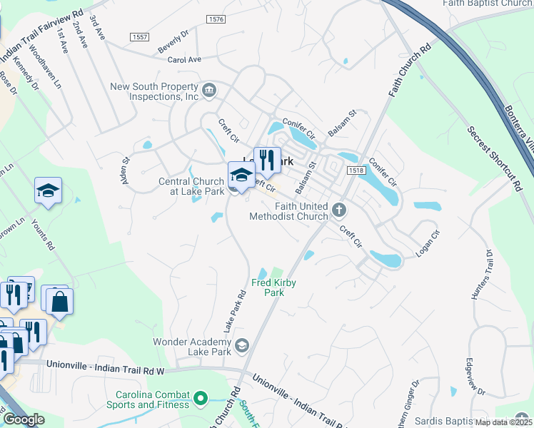 map of restaurants, bars, coffee shops, grocery stores, and more near 3505 Mayhurst Drive in Indian Trail