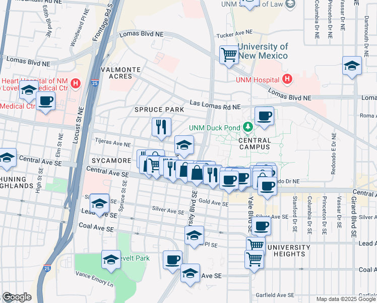 map of restaurants, bars, coffee shops, grocery stores, and more near 1623 Tijeras Avenue Northeast in Albuquerque