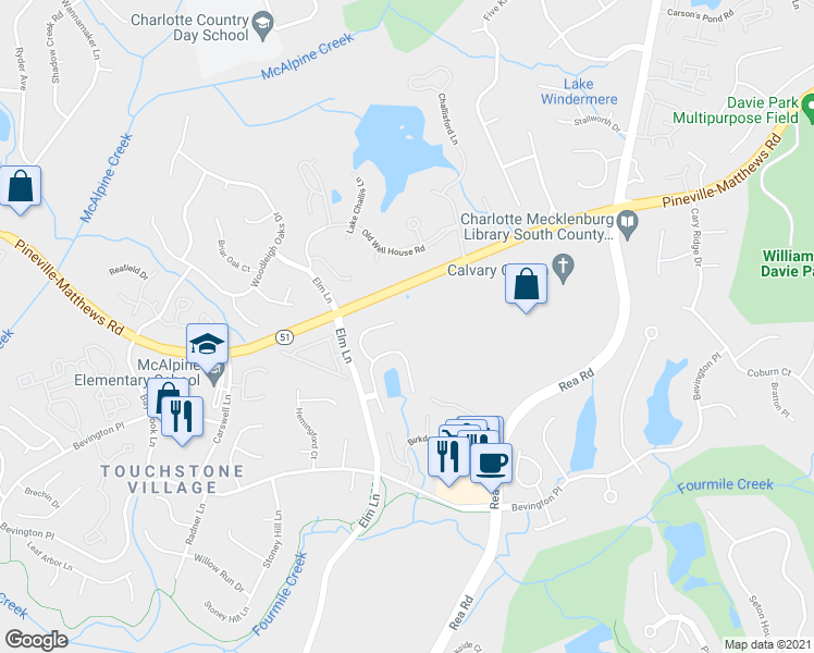 map of restaurants, bars, coffee shops, grocery stores, and more near 5901 Nuthatch Court in Charlotte