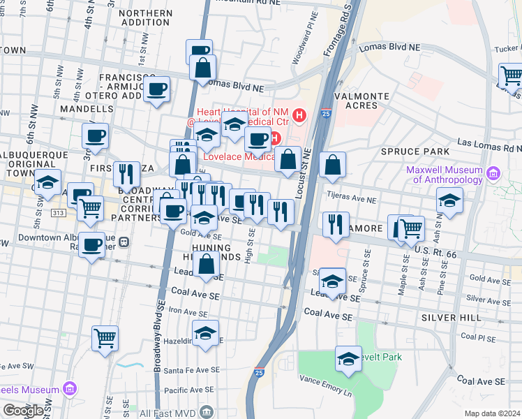 map of restaurants, bars, coffee shops, grocery stores, and more near 701 Central Avenue Northeast in Albuquerque