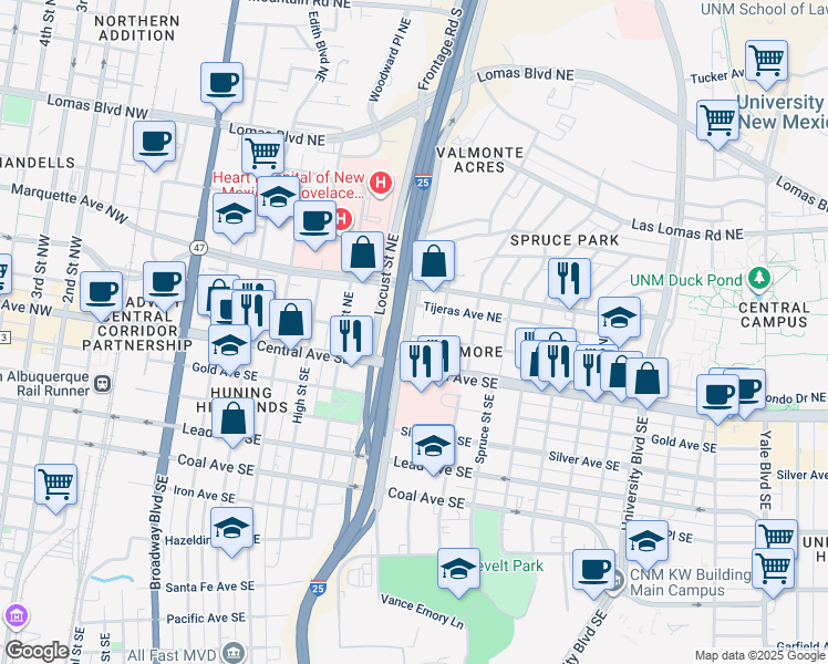 map of restaurants, bars, coffee shops, grocery stores, and more near 1017 Copper Avenue Northeast in Albuquerque