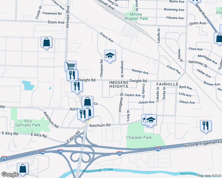 map of restaurants, bars, coffee shops, grocery stores, and more near 2259 Laura Street in Memphis