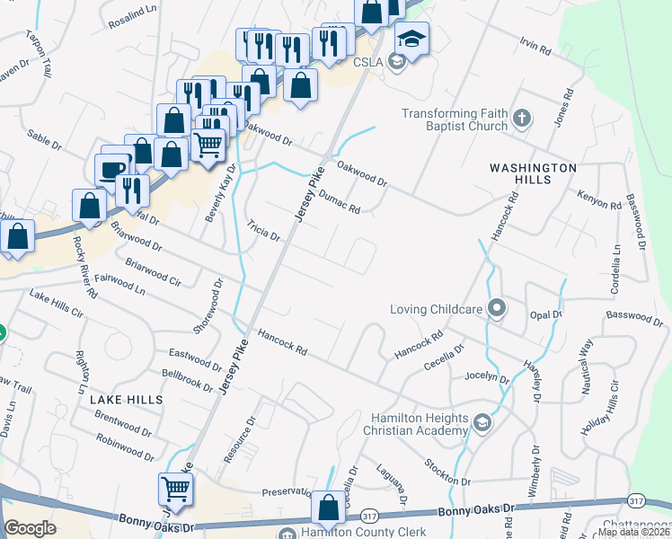 map of restaurants, bars, coffee shops, grocery stores, and more near 4530 Tricia Drive in Chattanooga