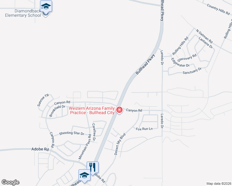 map of restaurants, bars, coffee shops, grocery stores, and more near 2449 Juneberry Circle in Bullhead City