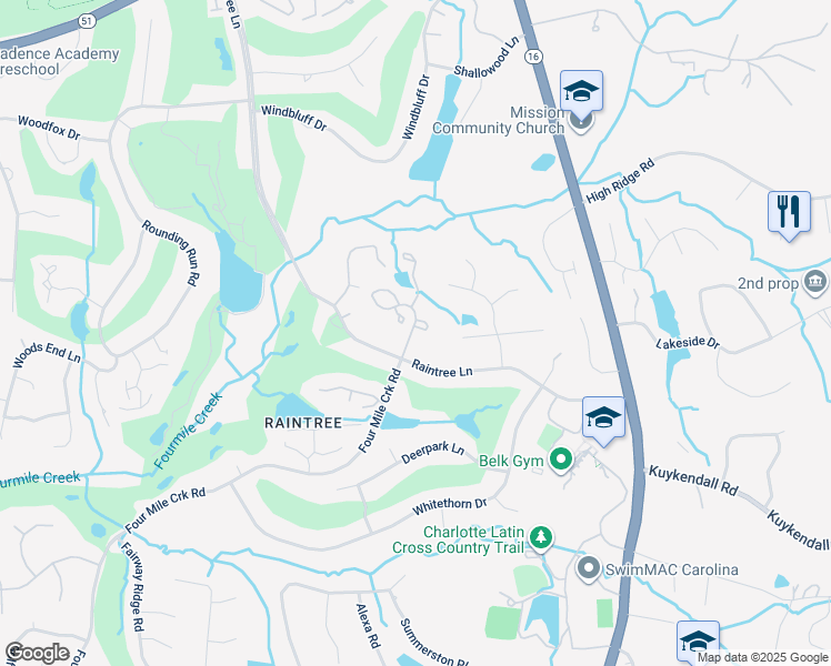 map of restaurants, bars, coffee shops, grocery stores, and more near 9345 4 Mile Creek Road in Charlotte