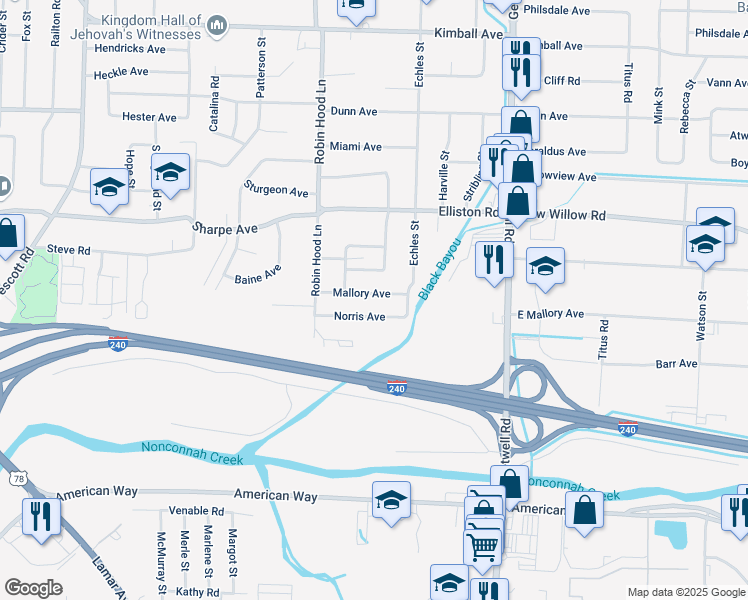 map of restaurants, bars, coffee shops, grocery stores, and more near 3767 Mallory Avenue in Memphis