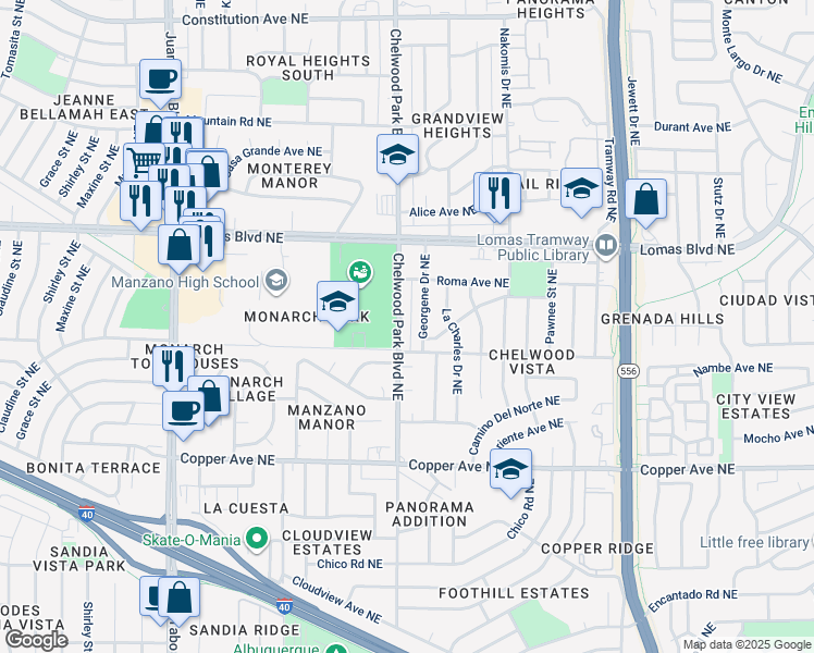 map of restaurants, bars, coffee shops, grocery stores, and more near 808 Chelwood Park Boulevard Northeast in Albuquerque