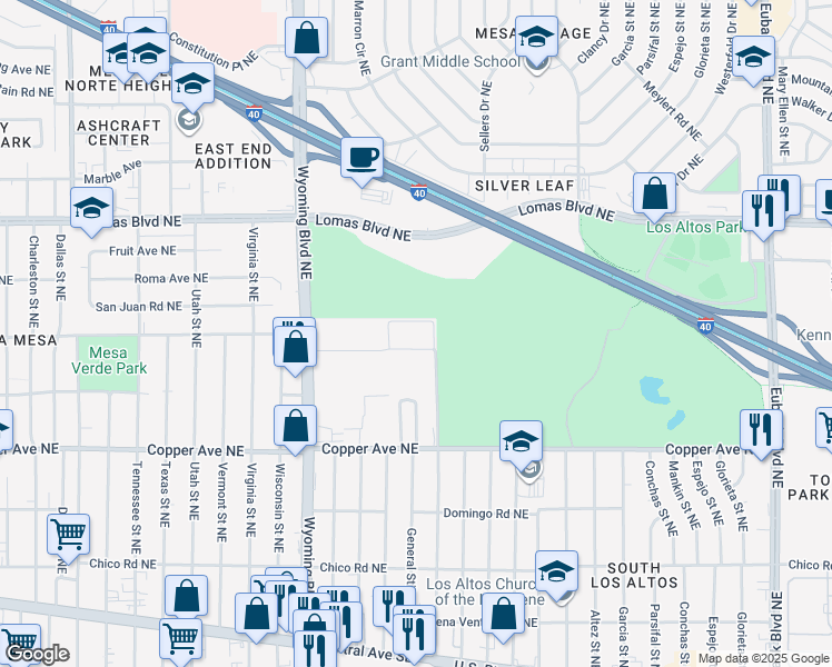 map of restaurants, bars, coffee shops, grocery stores, and more near 9125 Copper Avenue Northeast in Albuquerque