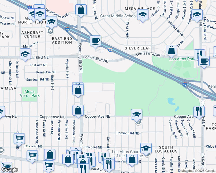 map of restaurants, bars, coffee shops, grocery stores, and more near 9125 Copper Avenue Northeast in Albuquerque