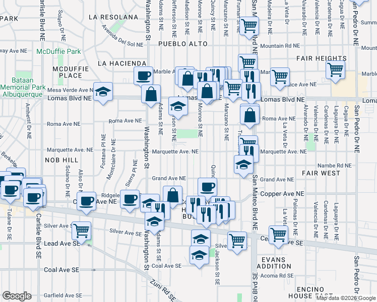 map of restaurants, bars, coffee shops, grocery stores, and more near 4806 Marquette Avenue Northeast in Albuquerque