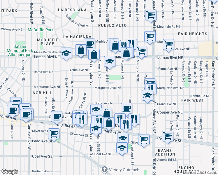 map of restaurants, bars, coffee shops, grocery stores, and more near 346 Jefferson Street Northeast in Albuquerque