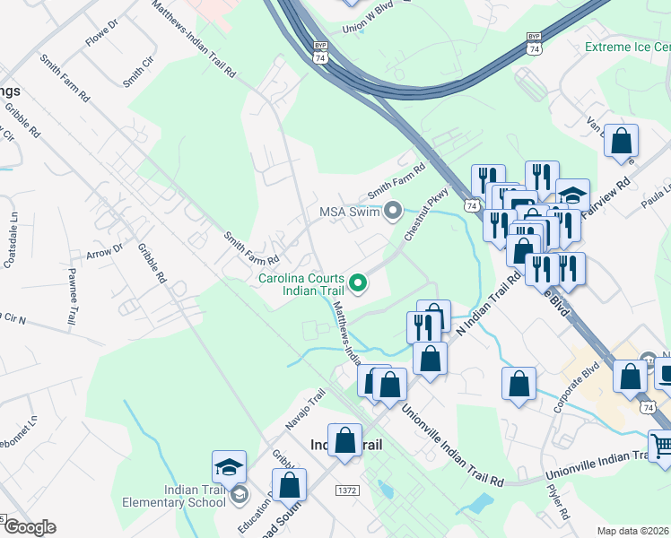 map of restaurants, bars, coffee shops, grocery stores, and more near 105 Marron Drive in Indian Trail
