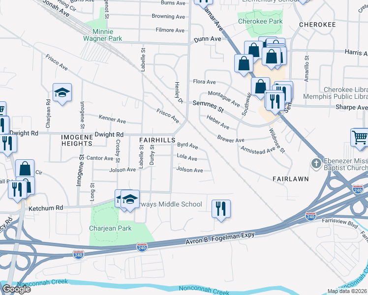 map of restaurants, bars, coffee shops, grocery stores, and more near 2272 Pendleton Street in Memphis