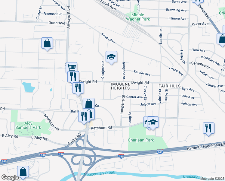 map of restaurants, bars, coffee shops, grocery stores, and more near 2259 Laura Street in Memphis