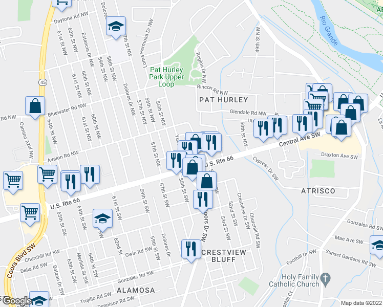 map of restaurants, bars, coffee shops, grocery stores, and more near 5240 Esperanza Court Northwest in Albuquerque
