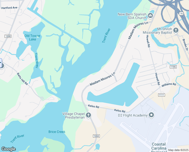 map of restaurants, bars, coffee shops, grocery stores, and more near 612 Madam Moores Lane in New Bern