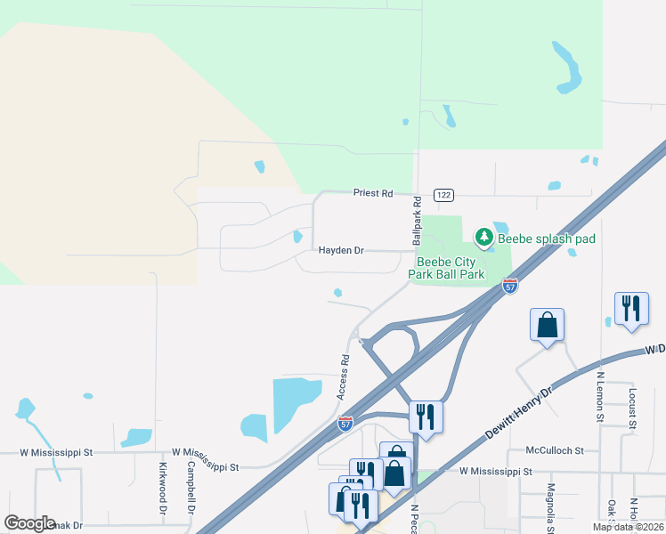 map of restaurants, bars, coffee shops, grocery stores, and more near 222 Heather Loop in Beebe