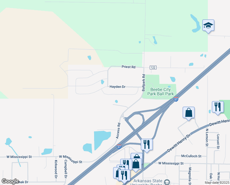 map of restaurants, bars, coffee shops, grocery stores, and more near 222 Heather Loop in Beebe