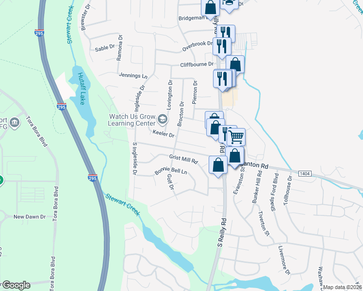 map of restaurants, bars, coffee shops, grocery stores, and more near 6535 Acus Court in Fayetteville