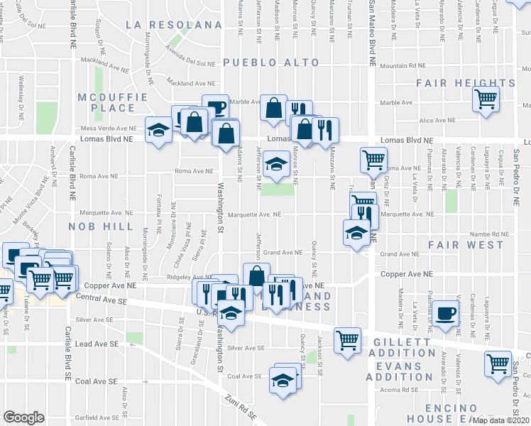 map of restaurants, bars, coffee shops, grocery stores, and more near 4715 Marquette Avenue Northeast in Albuquerque