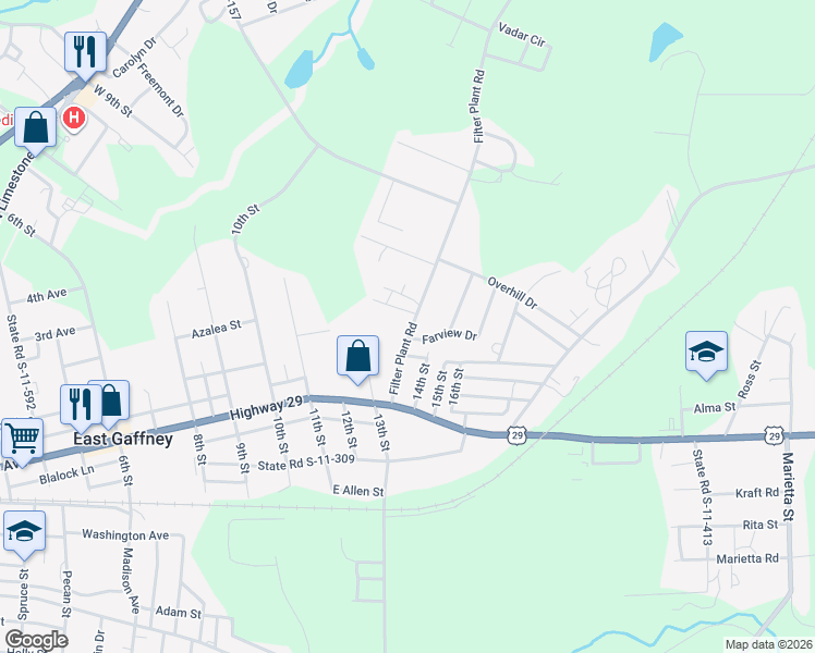 map of restaurants, bars, coffee shops, grocery stores, and more near 204 Filter Plant Road in Gaffney