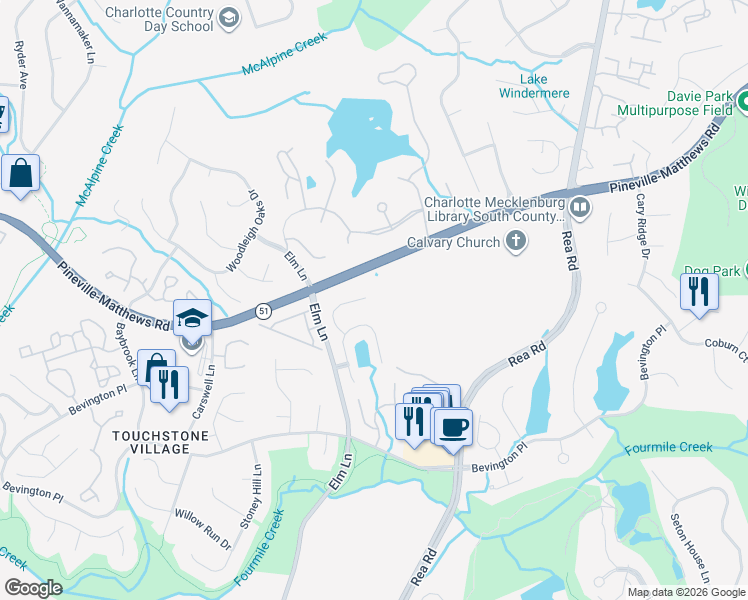 map of restaurants, bars, coffee shops, grocery stores, and more near 5901 Nuthatch Court in Charlotte