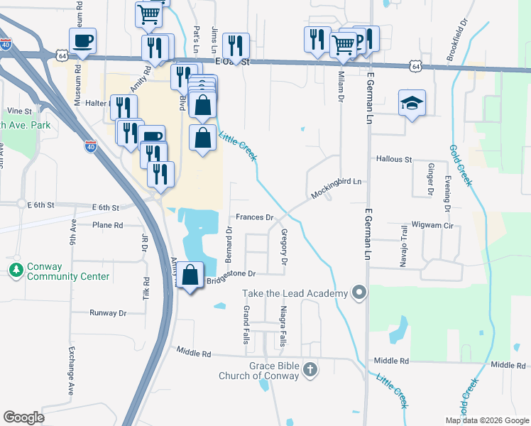 map of restaurants, bars, coffee shops, grocery stores, and more near 44 Frances Drive in Conway