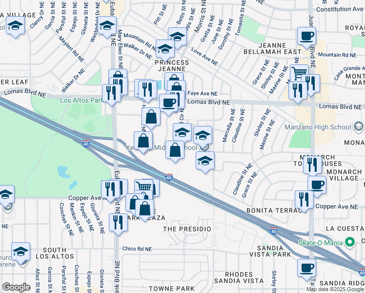 map of restaurants, bars, coffee shops, grocery stores, and more near 69 Hotel Circle Northeast in Albuquerque