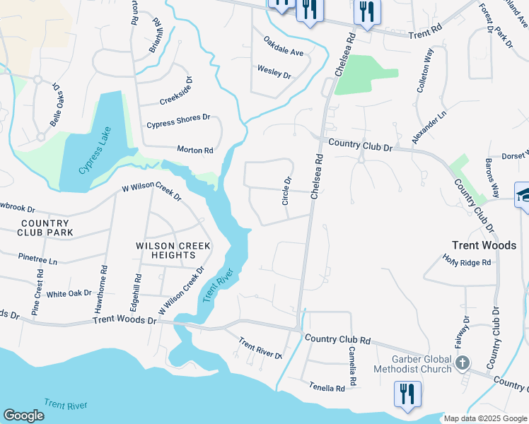 map of restaurants, bars, coffee shops, grocery stores, and more near 602 Creekwood Drive in Trent Woods