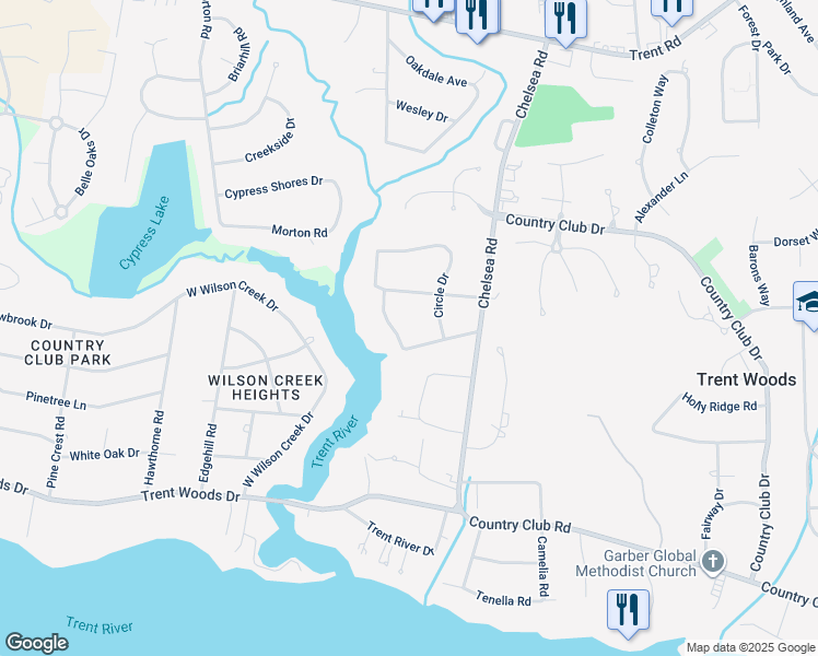 map of restaurants, bars, coffee shops, grocery stores, and more near 602 Creekwood Drive in Trent Woods