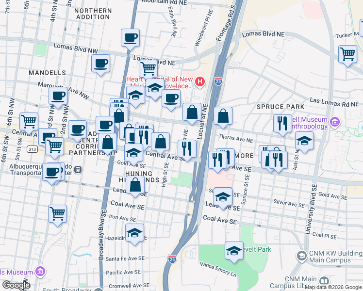 map of restaurants, bars, coffee shops, grocery stores, and more near 121 Elm Street Northeast in Albuquerque