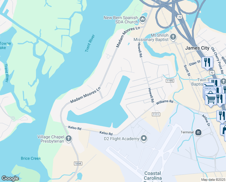 map of restaurants, bars, coffee shops, grocery stores, and more near 511 Alexis Drive in New Bern