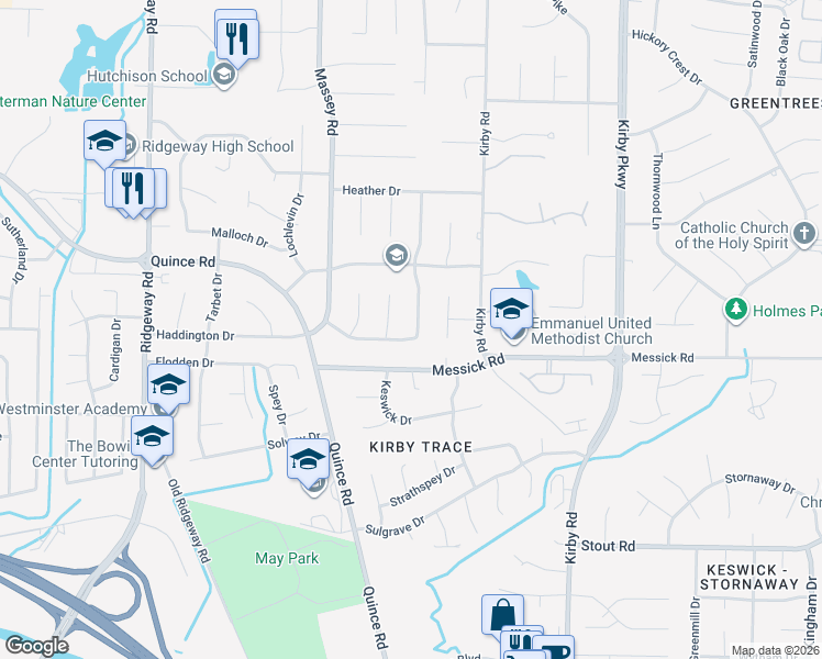 map of restaurants, bars, coffee shops, grocery stores, and more near 2385 Holly Grove Drive in Memphis