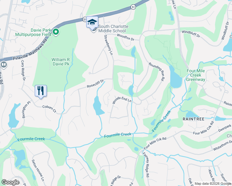 map of restaurants, bars, coffee shops, grocery stores, and more near 4236 Woods End Lane in Charlotte